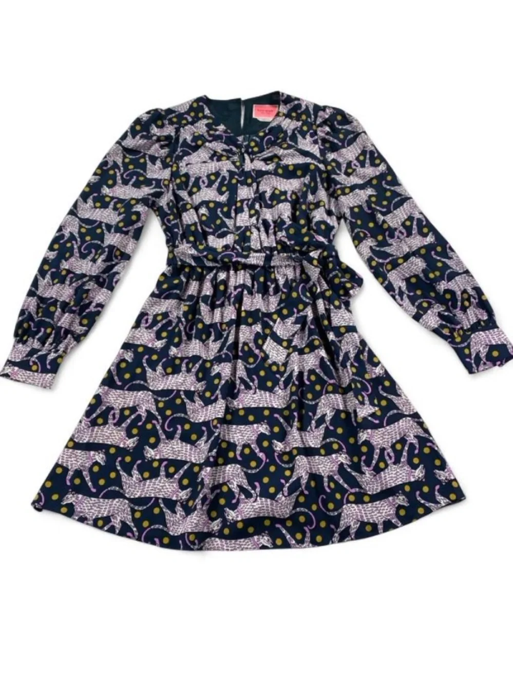 Kate Spade Panther Dot Mini Dress Puff Sleeves Tie Belt Funky Animal Print S